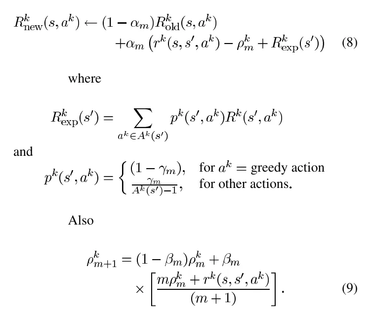 Equations 8 and 9 from the 2007 paper: the R-value update rule and the average-reward update for each generator.