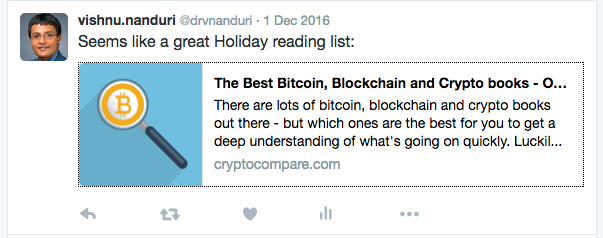 My December 2016 tweet sharing a CryptoCompare list of the best Bitcoin, blockchain, and crypto books