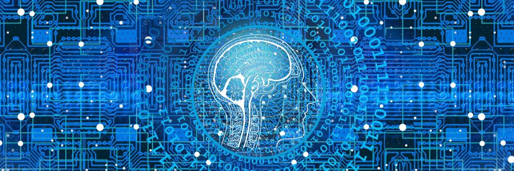 Illustration of a human head and brain over a blue circuit board pattern